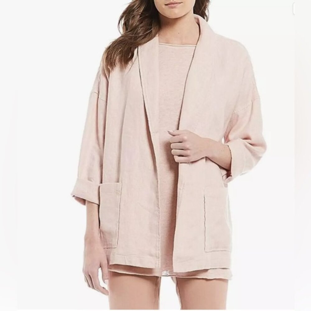 Eileen Fisher Powder Heavy Organic Linen Shaw colar blazer jacket blush pink Sm